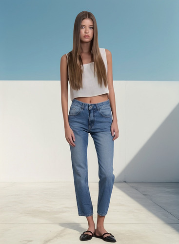 Pantalón Mom Fit De Jean Rígido Tiro Medio - Calvin
