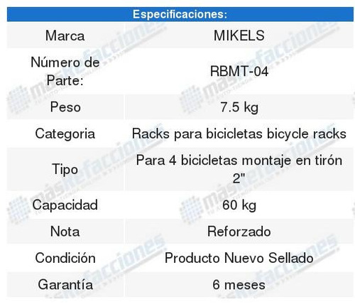 Rack Para 4 Bicicletas Montaje En Tirón 2, 60 Kg Mikels