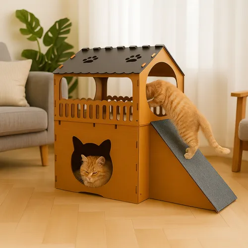 Casinha Gato Toca Rampa Casa Caminha Pet Arranhador Luxo Mdf Cor ...