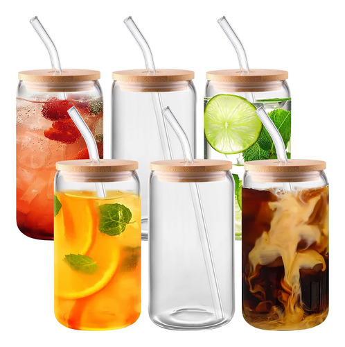 6 Pack Copas De Vidrio Con Bambú Lids And Straws - 16 G4rxq