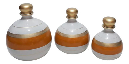 Trio Vasos Shalom Em Cerâmica Sala Decorativos - Gold White