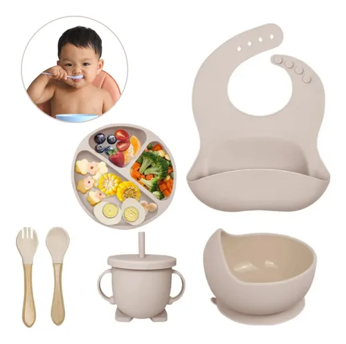 Kit Refeição Bebê Prato Babador Copo Talher Silicone Ventosa