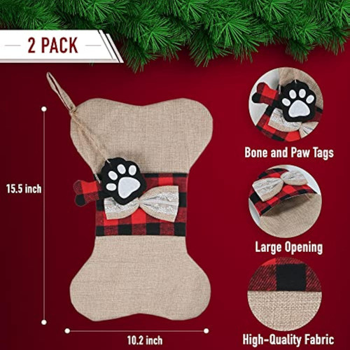 2 Simpáticas Medias De Navidad De Hueso De Perro A Cuadros