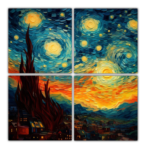 60x60cm Cuatro Lienzos De Tela Tonos Ambiente Skys Van Gogh 