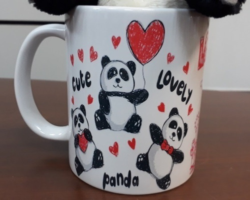 Caneca Panda Com Corações Presente Romântico Namorada Amor