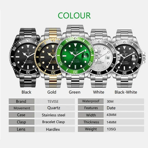 Reloj mecánico automático con calendario Tevise para hombre, bisel, color plata y negro