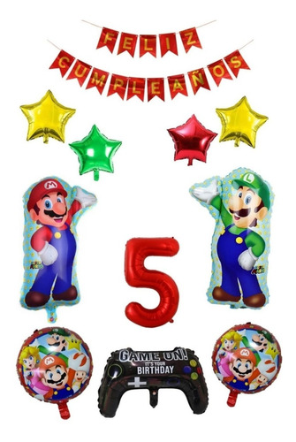 Set Globos Super Mario + Banderín Feliz Cumpleaños