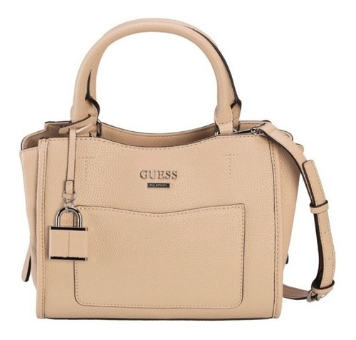 Bolsa satchel Guess Aralyn diseño lisa de cuero sintético  beige con correa de hombro beige asas color beige