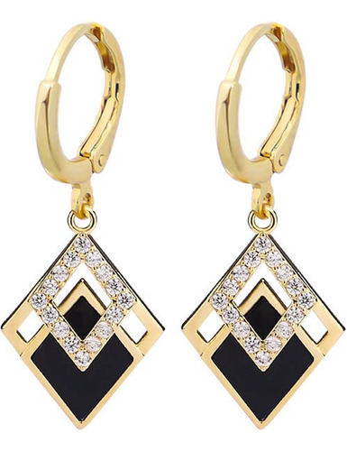 Aretes De Forma De Rombo Negro Con Diamantes