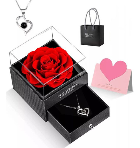 Flores Rosa Eterna Y Collar De Corazón Regalo Para Mujeres