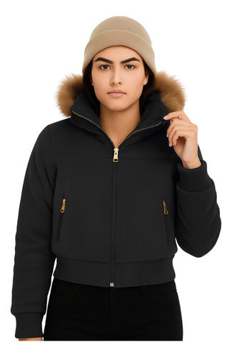 Campera Puffer Piel Mujer Corderoy Capucha Desmontable