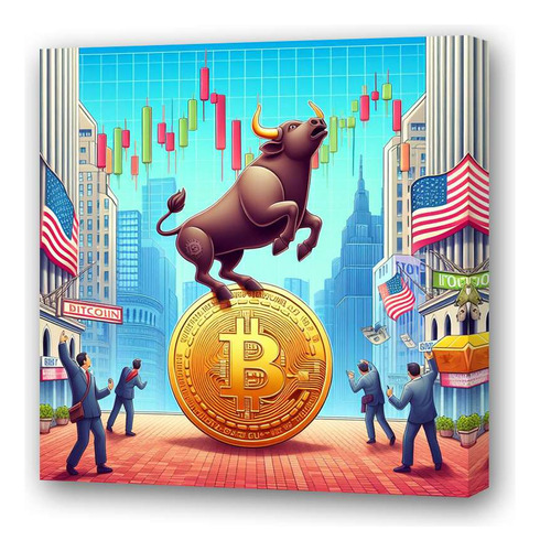 Cuadro 20x20cm Toro Bitcoin Saltando Sobre Moneda Trade