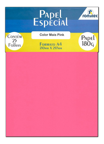 Papel Color Plus Pink A4 210x297mm 180g Romitec 25fls