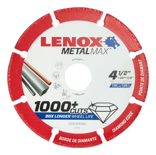 Disco De Corte De Diamante Lenox 4 1/2 Pul. Metalmax Color Blanco