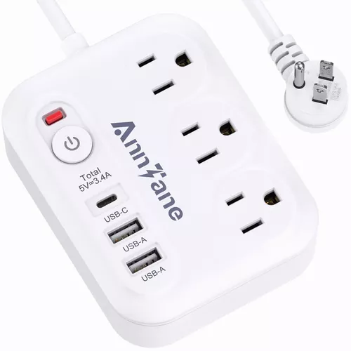 Regleta de alimentación con puertos USB - 3 tomas, 4 puertos USB-A y 1  puerto USB-C, color blanco, cable de extensión de alimentación con puertos  USB