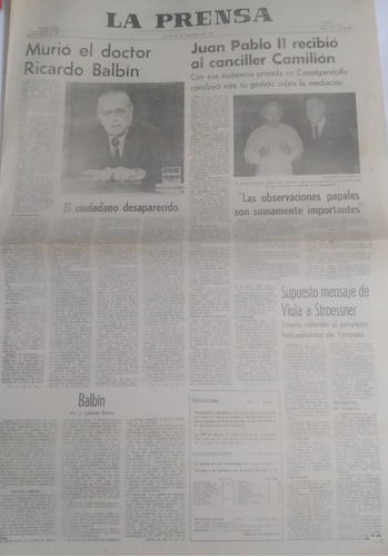 La Prensa 10/9/1981 Murio Ricardo Balbin, Juan Pablo Ii 