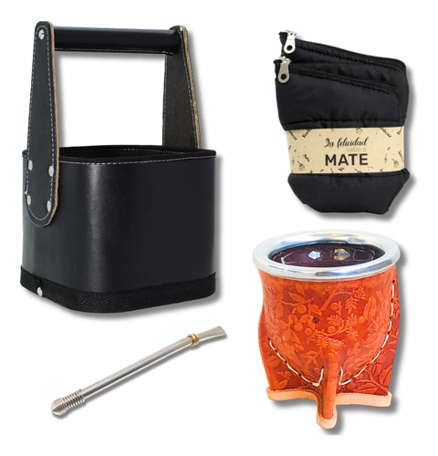 Set Matero Kit Canasta + Mate Cuero + Bombilla + Bolsitas