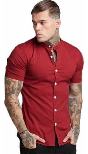 Camisa Hombre Manga Corta Corte Pegado Strech Cuello Mao