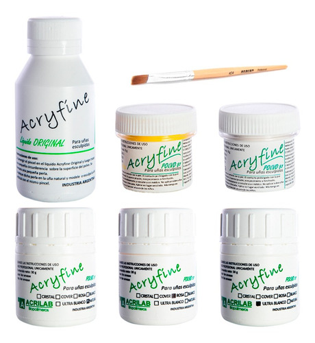 Acryfine Kit X4 Polímeros + Monómero + Heburn Pincel 424