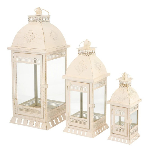 Farol Estilo Colonial En Metal Patinado Con Vidrio (set X 3)