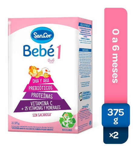 Sancor Bebe 1 Leche Infantil En Polvo 2 Cajas X 375 G