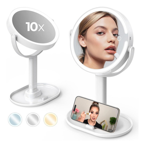 Espejo Maquillaje Led Doble Cara Portátil - 1x/10x Aumento, Retráctil, Luz