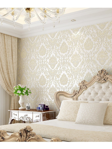 Imagen 4 de 6 de Papel Tapiz Estilo Damasco Europeo Con Relieve Pared Beige