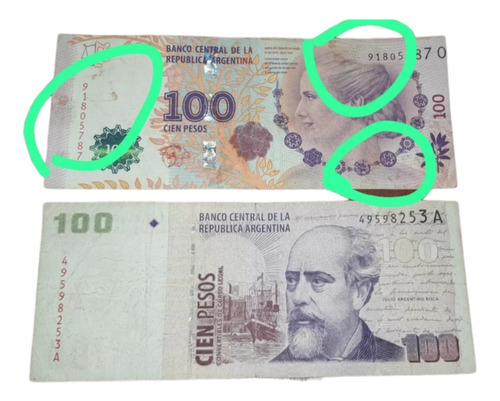 $100 Con Error De Corte Y Manchas + $100 Con Leyenda