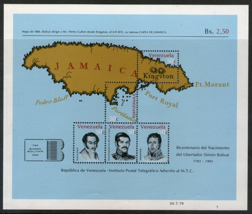 Venezuela Bloc Mint Simón Bolívar = Mapa Jamaica Año 1979 