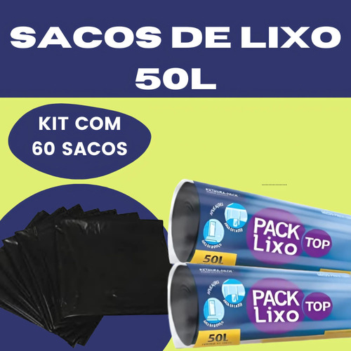 Saco Para Lixo Preto 50 Litros Kit 60 Unidades Resistente