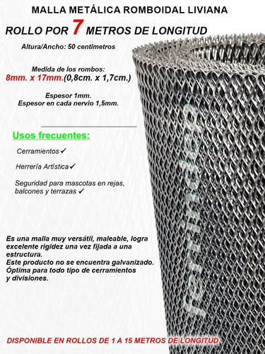 Imagen 3 de 10 de Malla Metál Romboidal Desplegado 8x17mm Rollo 50cm X 7mts