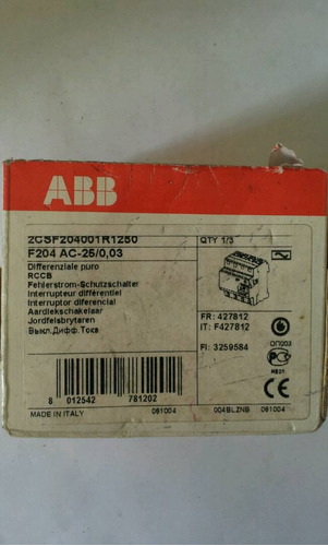Interruptor Diferencial  Abb F204 Ac-25 0.03