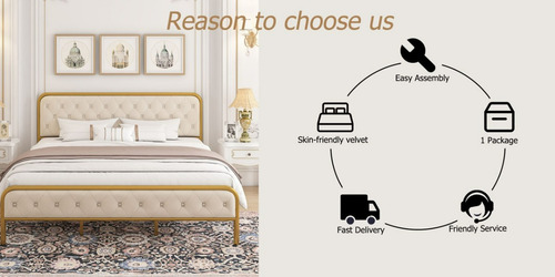 Cama Sommier Metal Dorada King Size Con Cabecera Terciopelo