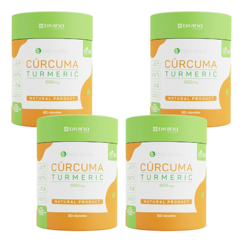 Kit Bioroots Turmeric 600mg Com 4 Potes De 60 Cápsulas Cada