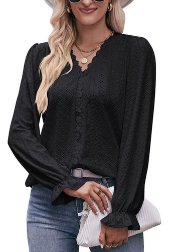 Top De Encaje Con Cuello En V Hueco Femenino Otoño