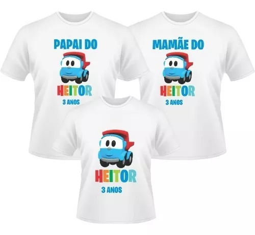 Kit 3 Camisetas Papai Mamãe Filho Leo Caminhão Curioso
