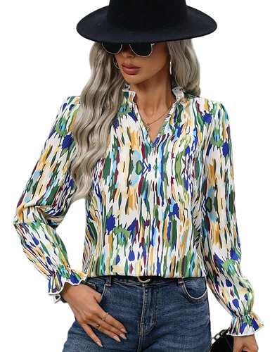 Blusa Casual Estilo Camisa De Cuello V Sexy Multicolor