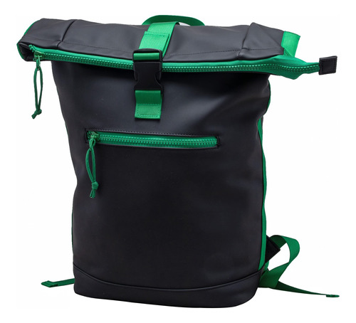 Ray Mochila Escolar Viaje Cuero Rolltop Negro Verde Black