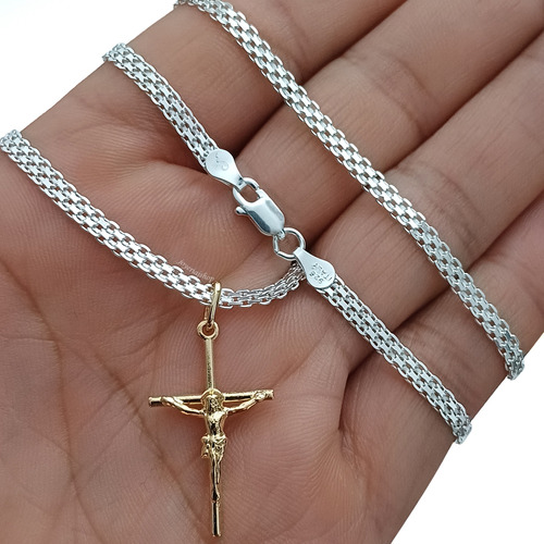 Dije De Cruz Cristo Oro Laminado Y Cadena Tejido Chino Plata