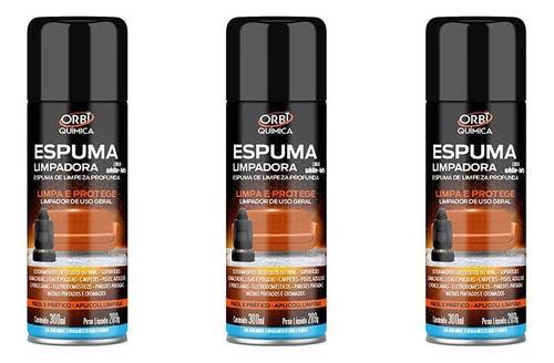 Kit 3 Espumas Limpadora Limpa Estofados 300ml 209g Orbi