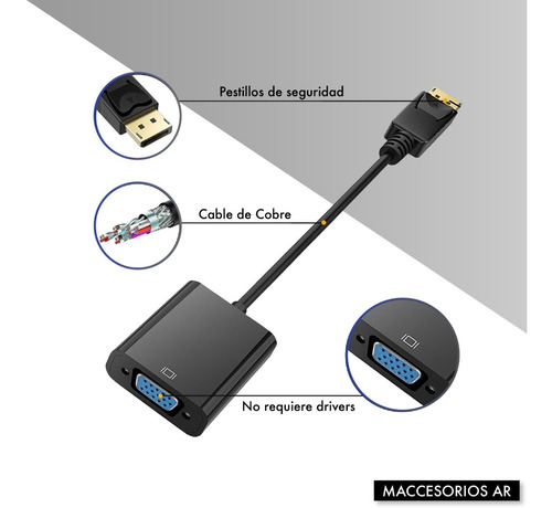 Imagen 3 de 10 de Adaptador Displayport A Vga Full Hd 1080p 1920 X 1200 Activo