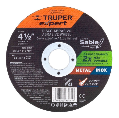 Disco Corte Metal Inoxi 1mm 4.5'' Alta Duracion Truper 11899