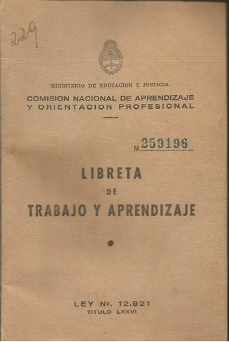 Antigua Libreta De Trabajo Y Aprendizaje 1958 