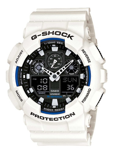 Imagen 1 de 3 de Reloj de pulsera Casio G-Shock GA-100 de cuerpo color blanco, analógico-digital, para hombre, fondo negro, con correa de resina color blanco, agujas color blanco, dial blanco, subesferas color negro y celeste, minutero/segundero blanco, bisel color blanco y azul y hebilla doble