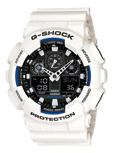 Reloj pulsera Casio G-Shock GA100 de cuerpo color blanco,  analógico-digital, para hombre, fondo negro, con correa de resina color  blanco, agujas color blanco, dial blanco, subesferas color negro y celeste,  minutero/segundero blanco