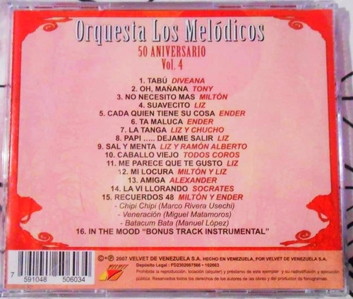 Cd De La Orquesta Los Melódicos, Vol. 4 # 50 Aniversario