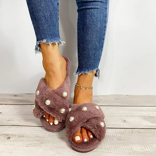 Zapatillas De Hogar Con Punta Abierta De Perlas De Felpa Par