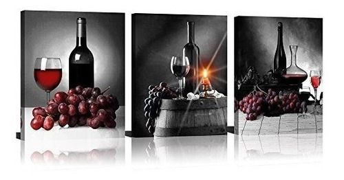 3 Paneles Fondo Negro Uvas Rojas Botellas Botellas Obras Fin