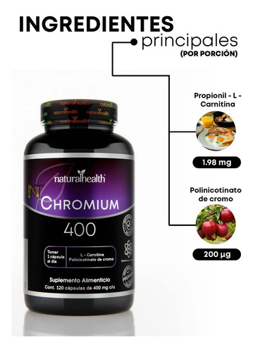 Cromo 400 com L-Carnitina 120 cápsulas Natural Health