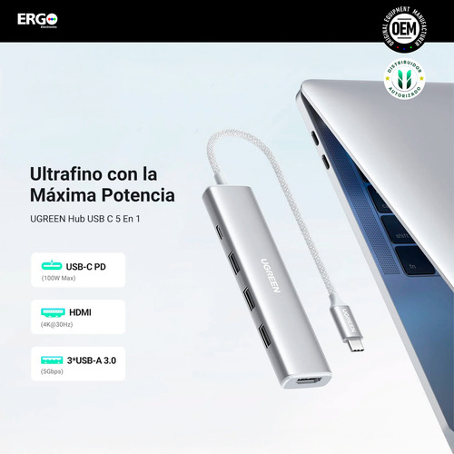 Hub Ugreen 5en1 Usb-a Multipuerto 5gbs Pd-100w Pc Mac Blanco